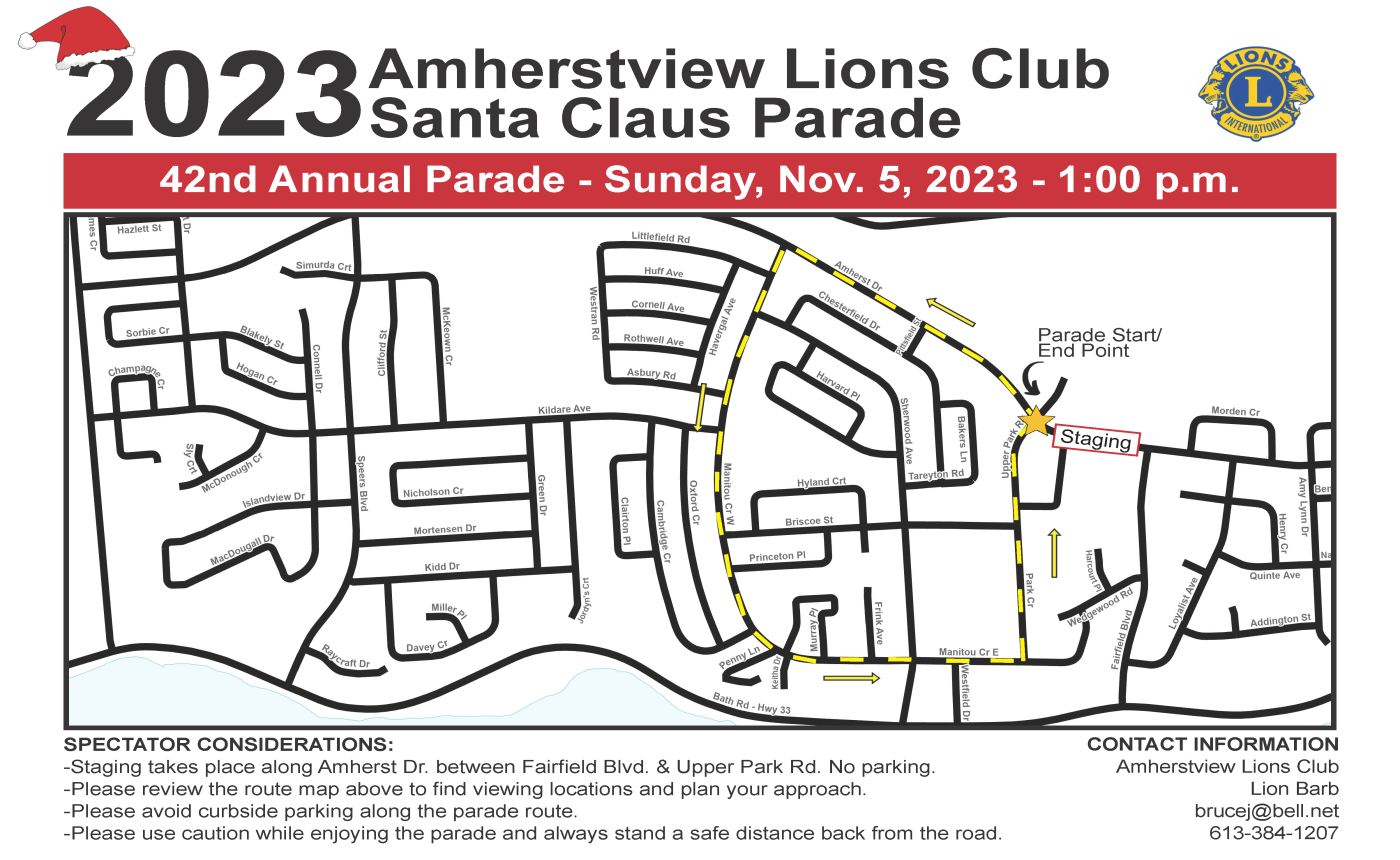 map of parade route for Santa's parade in Amherstview